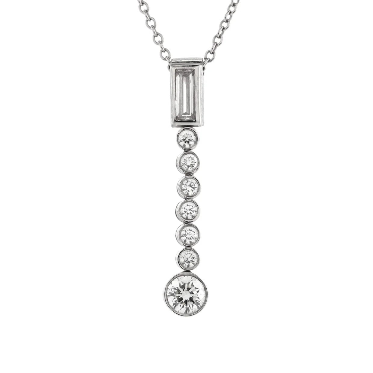 Jazz Drop Pendant Necklace Platinum with One Baguette and Seven Round Diamonds - Deep Luxury