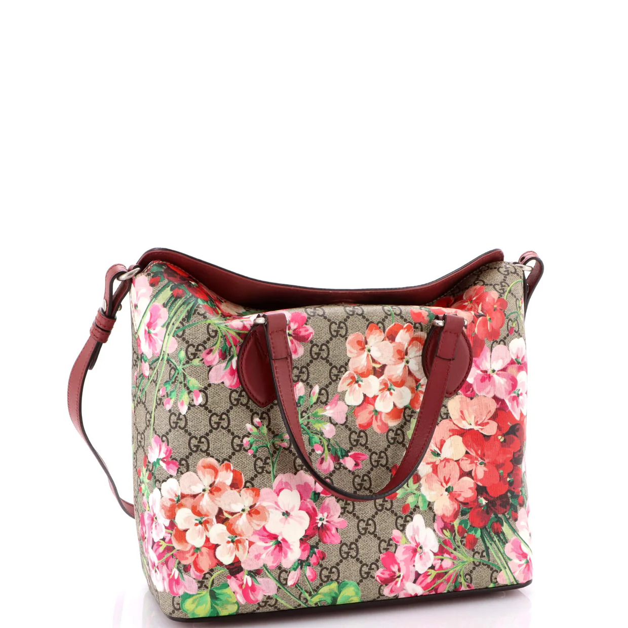 Signature Fold Over Tote Blooms Print GG Coated Canvas Medium - Deep Luxury