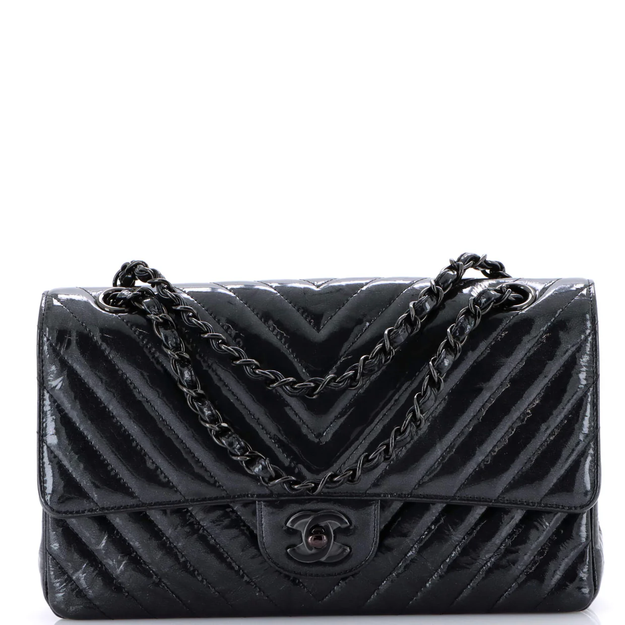 So Black Classic Double Flap Bag Chevron Crinkled Patent Medium - Deep Luxury