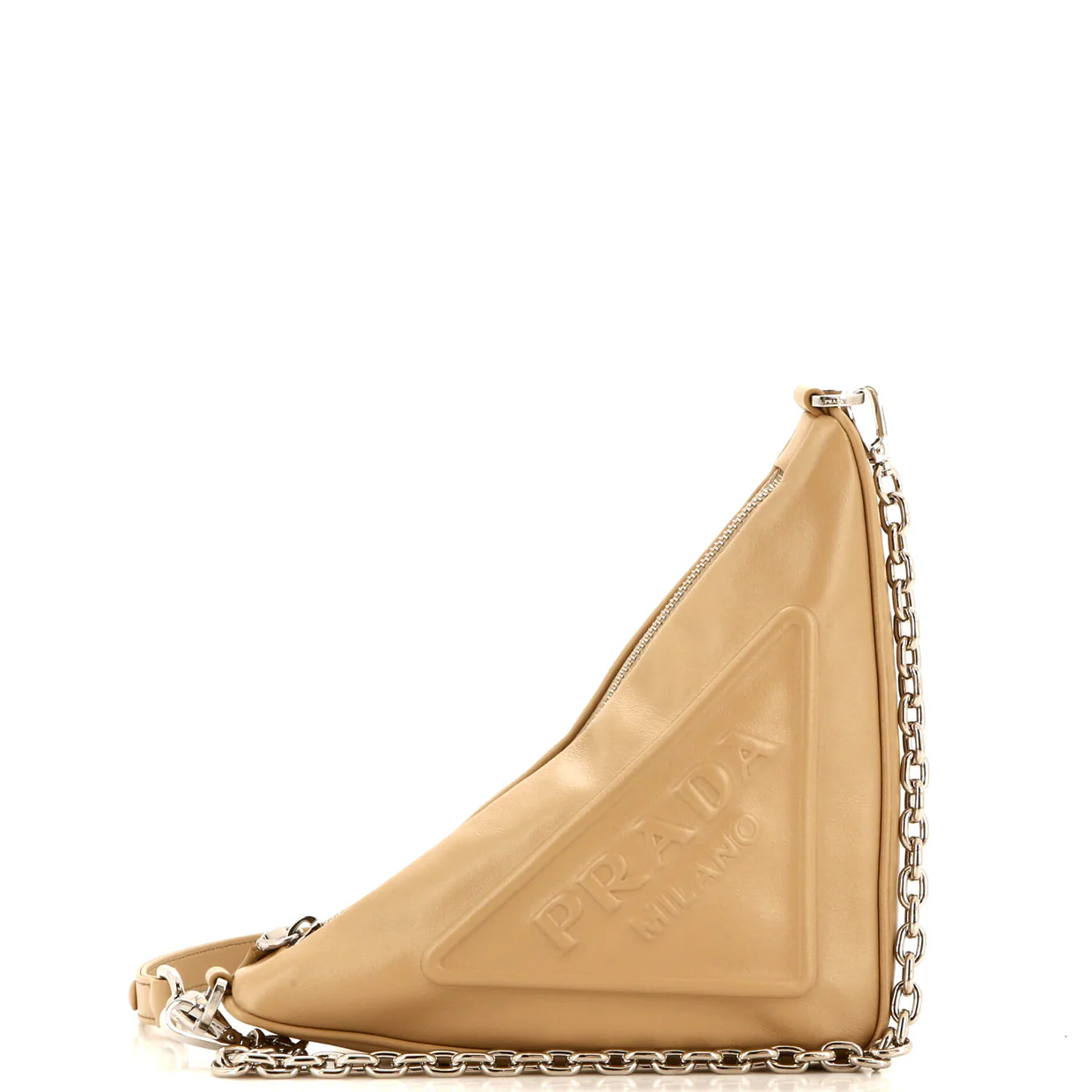 Triangle Logo Zip Chain Crossbody Bag Embossed Leather Small - Deep Luxury