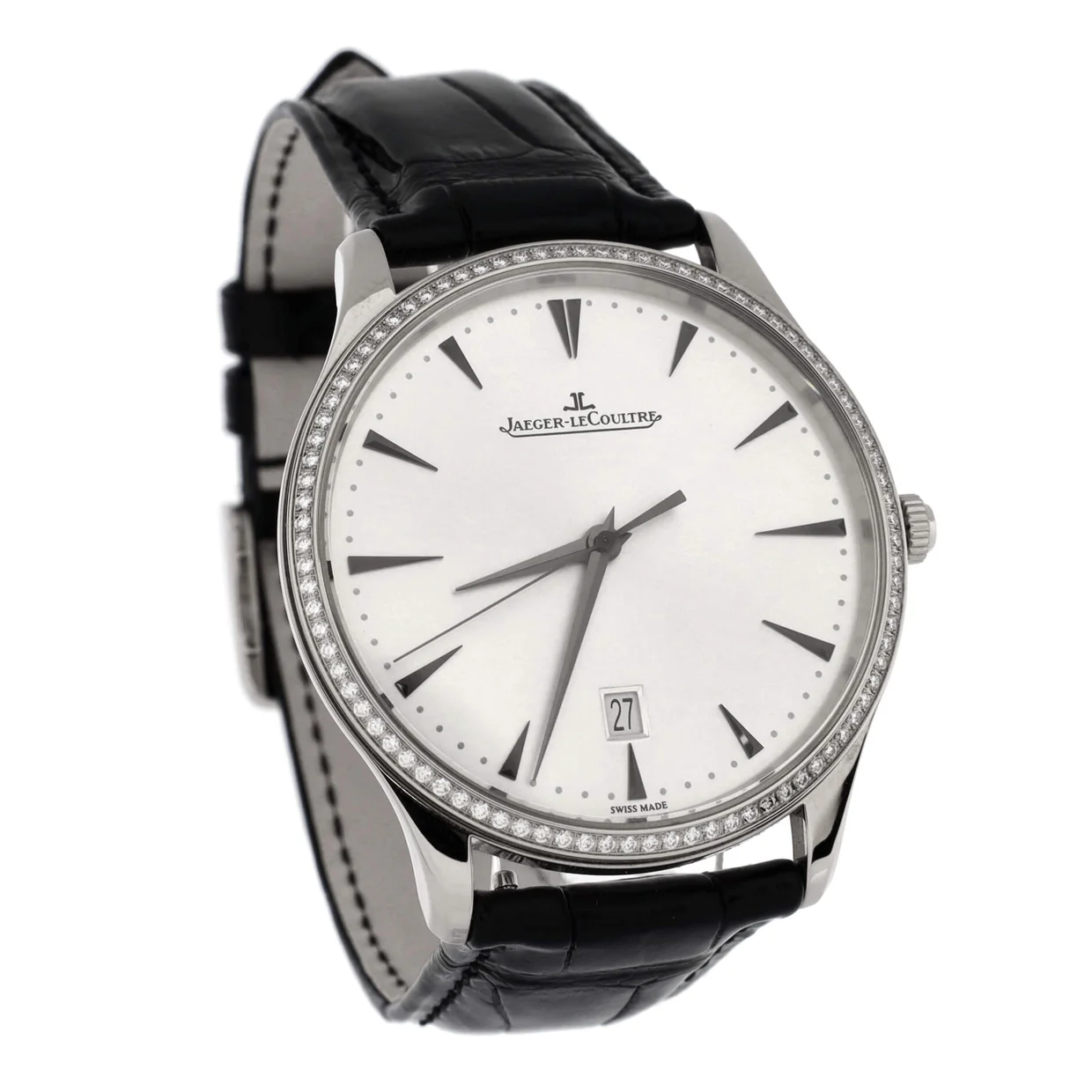 Master Ultra Thin Date Automatic Watch White Gold and Alligator with Diamond Bezel 40 - Deep Luxury