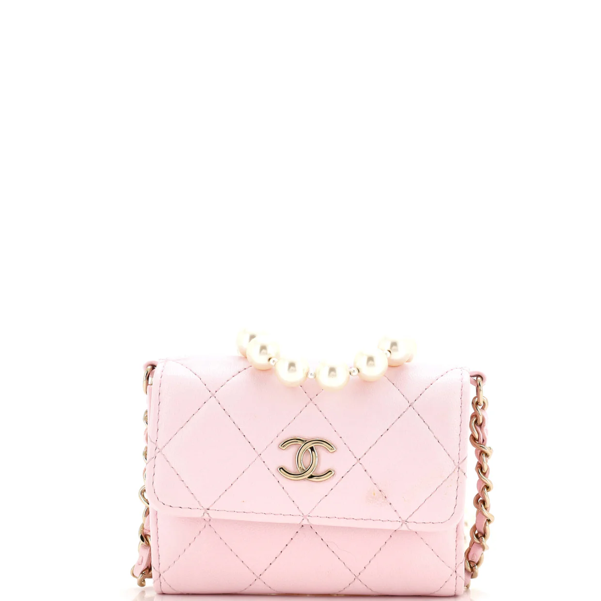 Pearl Strap Flap Card Holder with Chain Quilted Calfskin - Deep Luxury