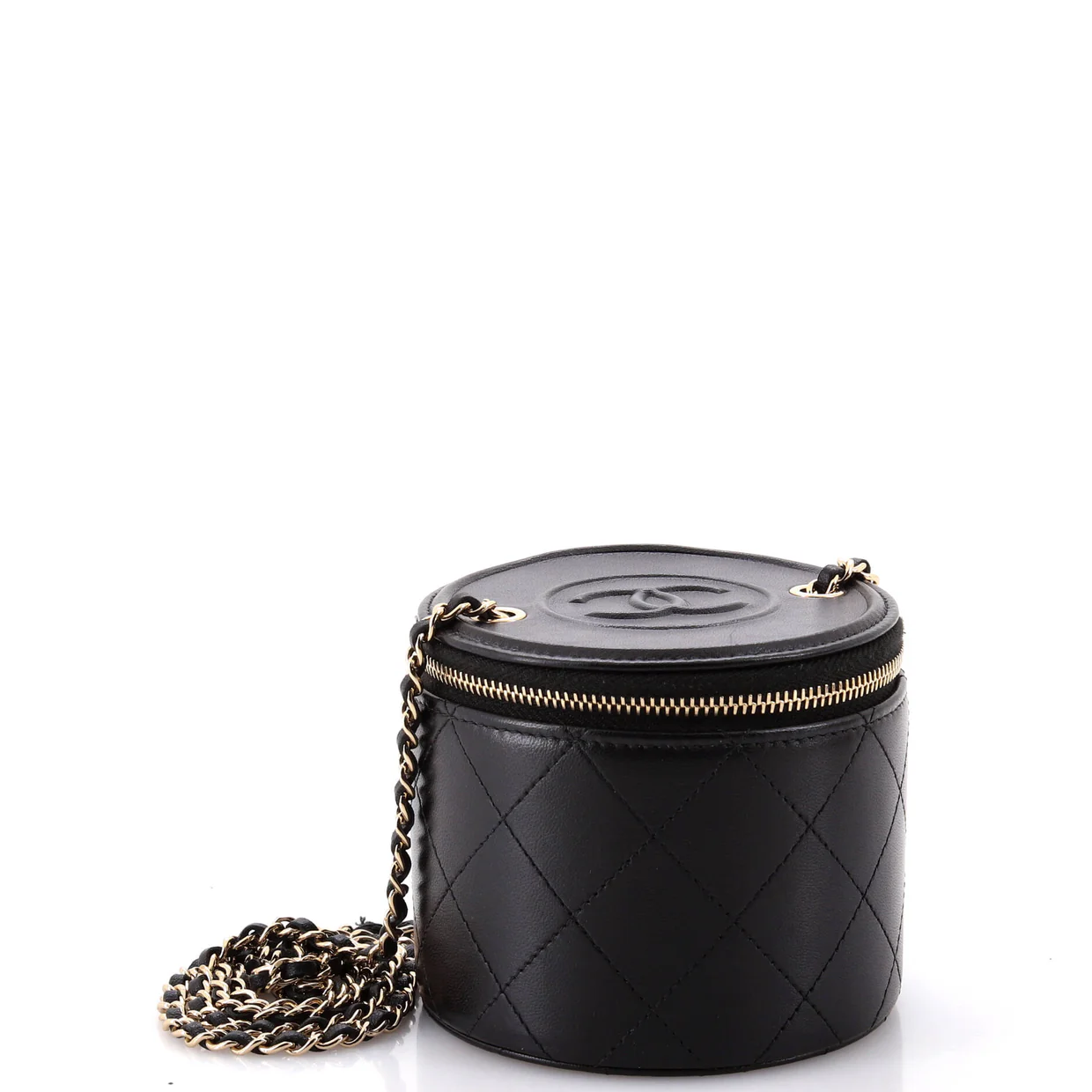 CC Round Vanity Case with Chain Quilted Lambskin Mini - Deep Luxury