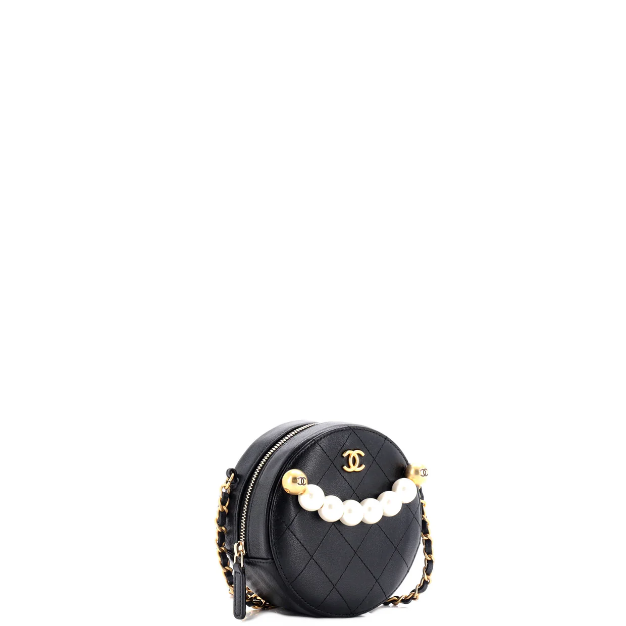 Chic Pearls Round Clutch with Chain Quilted Lambskin - Deep Luxury