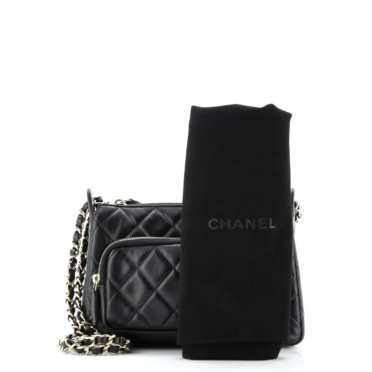 CC Front Pocket Zip Clutch with Chain Quilted Lambskin Large - Deep Luxury