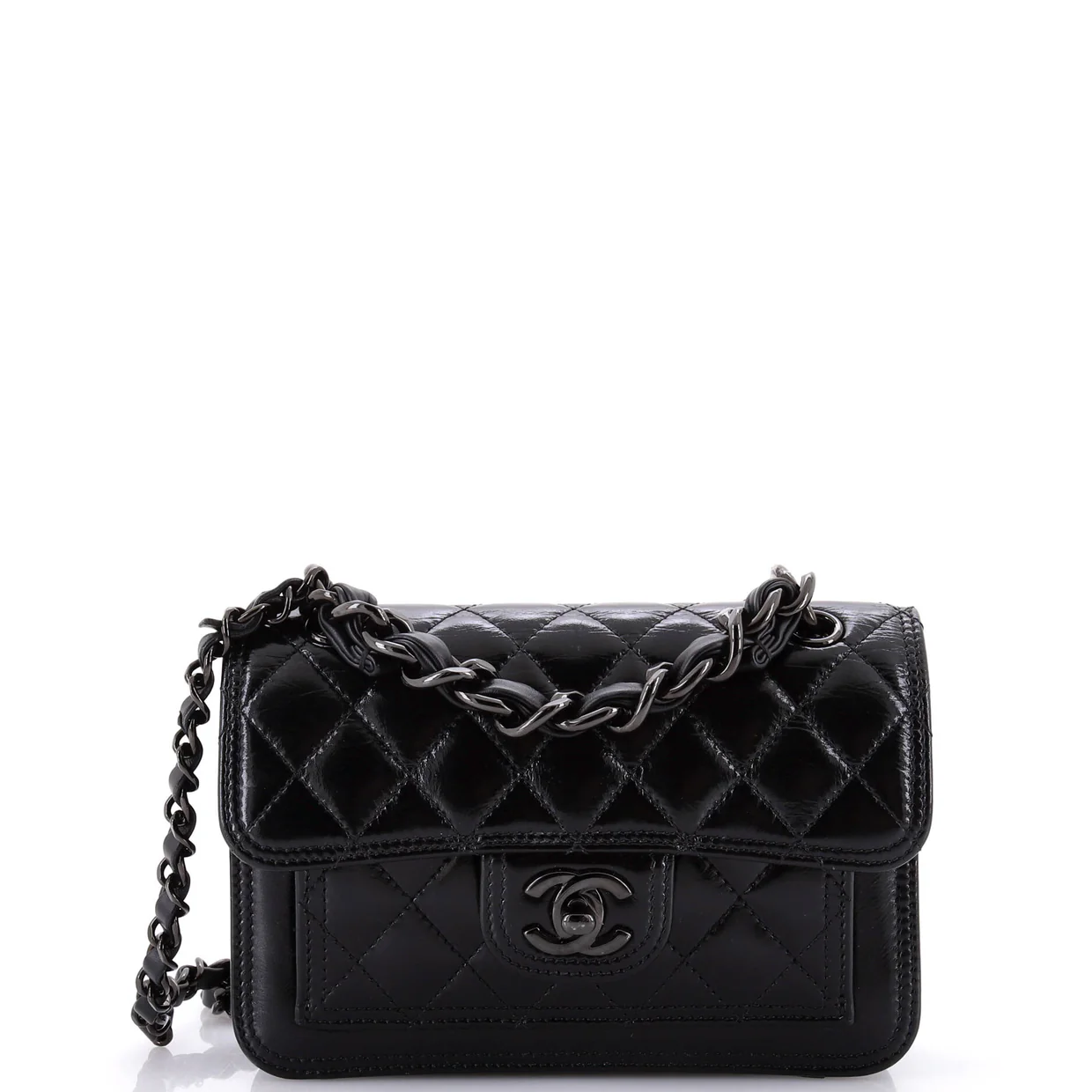 So Black Double You CC Flap Bag Quilted Shiny Crumpled Calfskin Mini - Deep Luxury