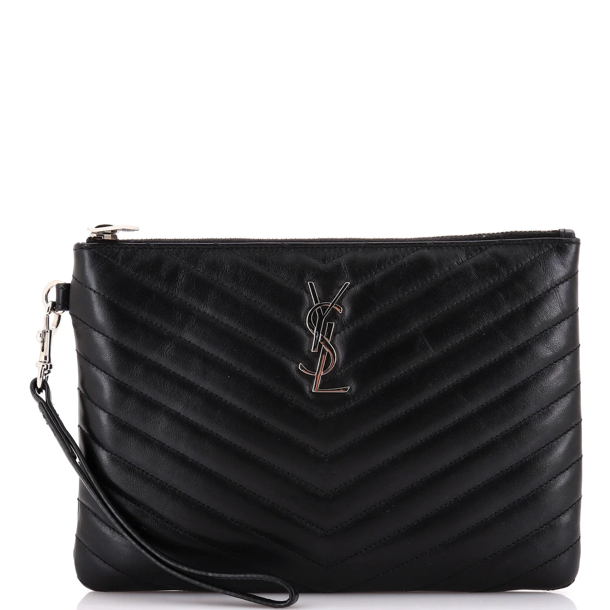 Classic Monogram Wristlet Pouch Matelasse Chevron Leather Small - Deep Luxury