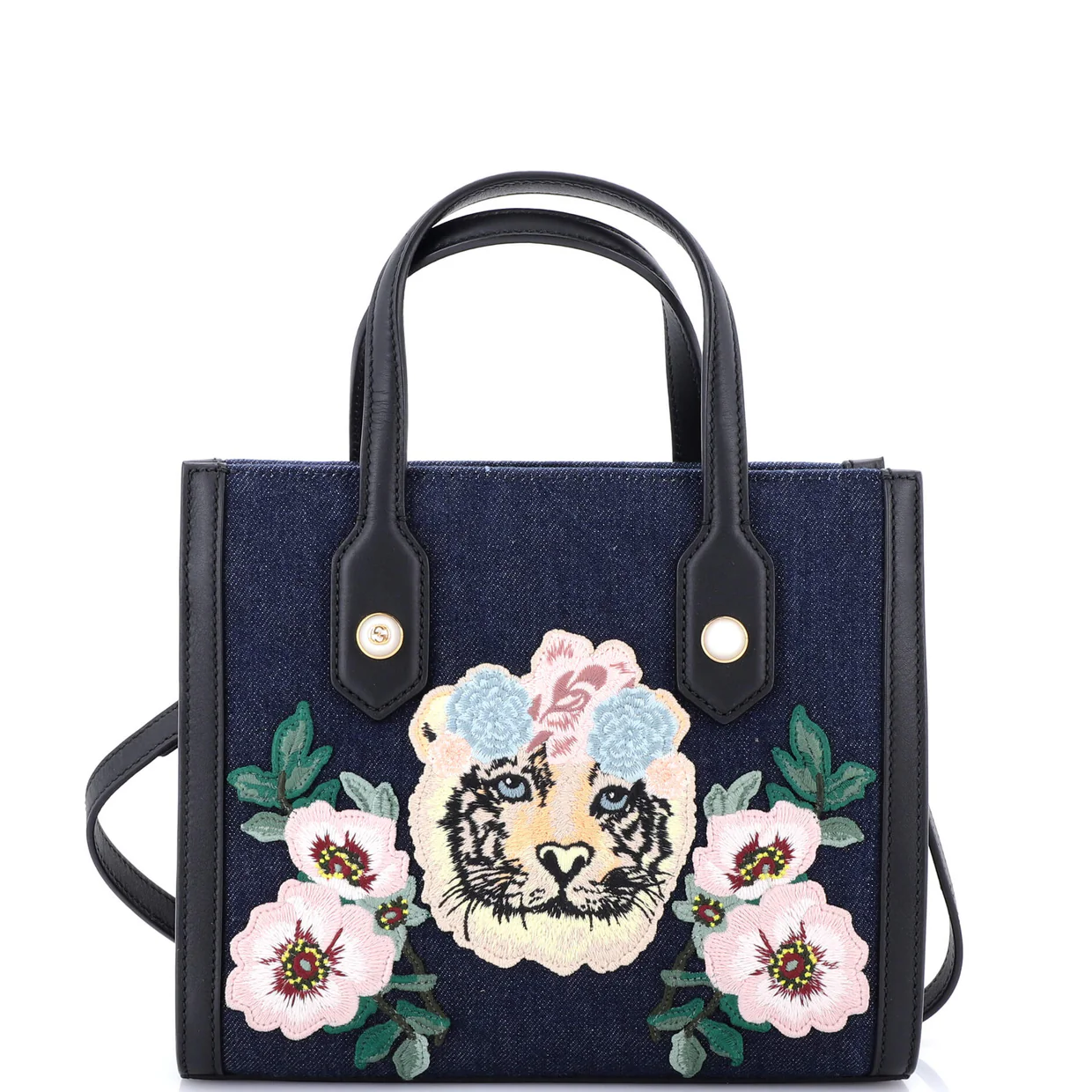 Tiger Pearl Tote Embroidered Denim Medium - Deep Luxury