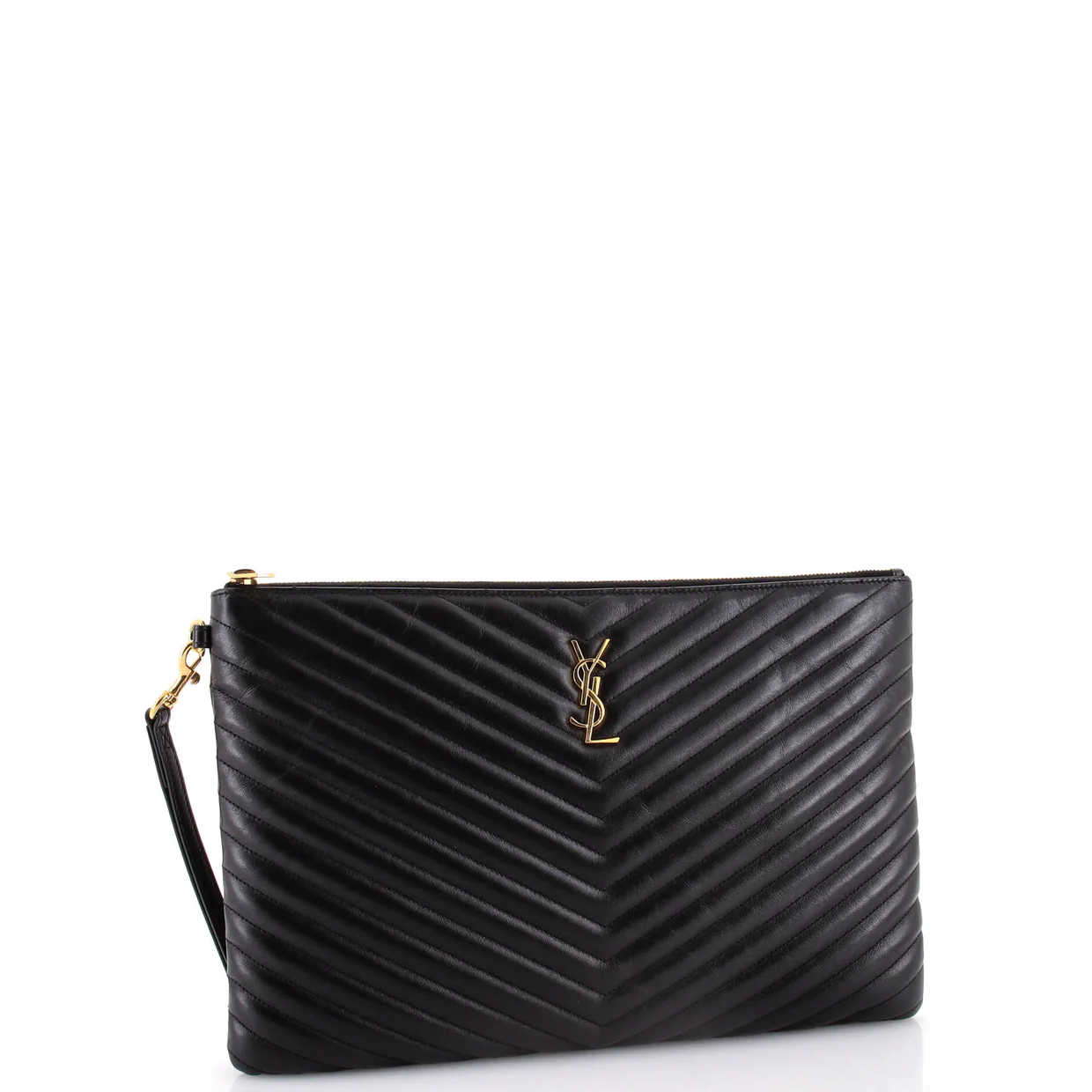 Classic Monogram Wristlet Pouch Matelasse Chevron Leather Large - Deep Luxury