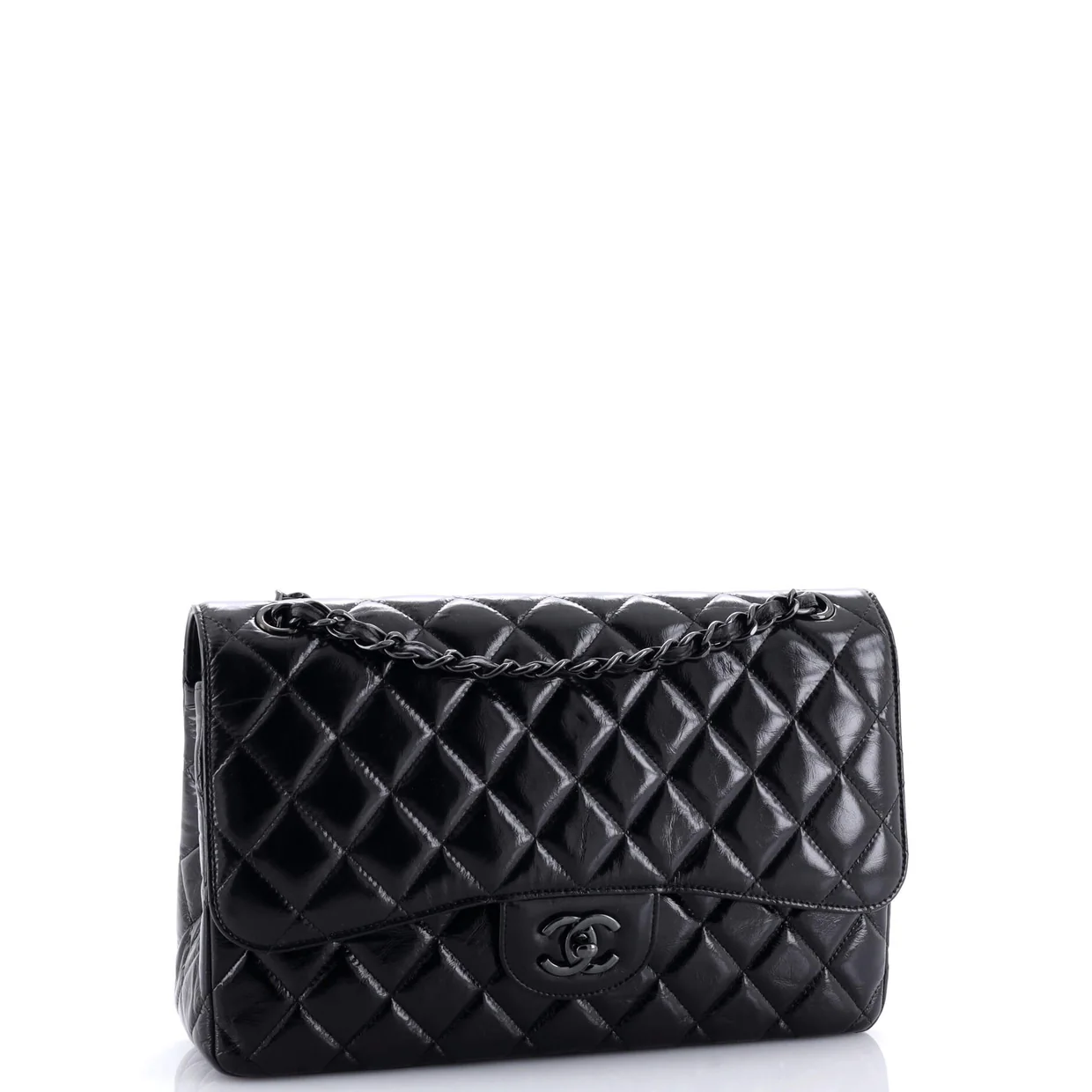 So Black Classic Double Flap Bag Quilted Shiny Crumpled Calfskin Jumbo - Deep Luxury