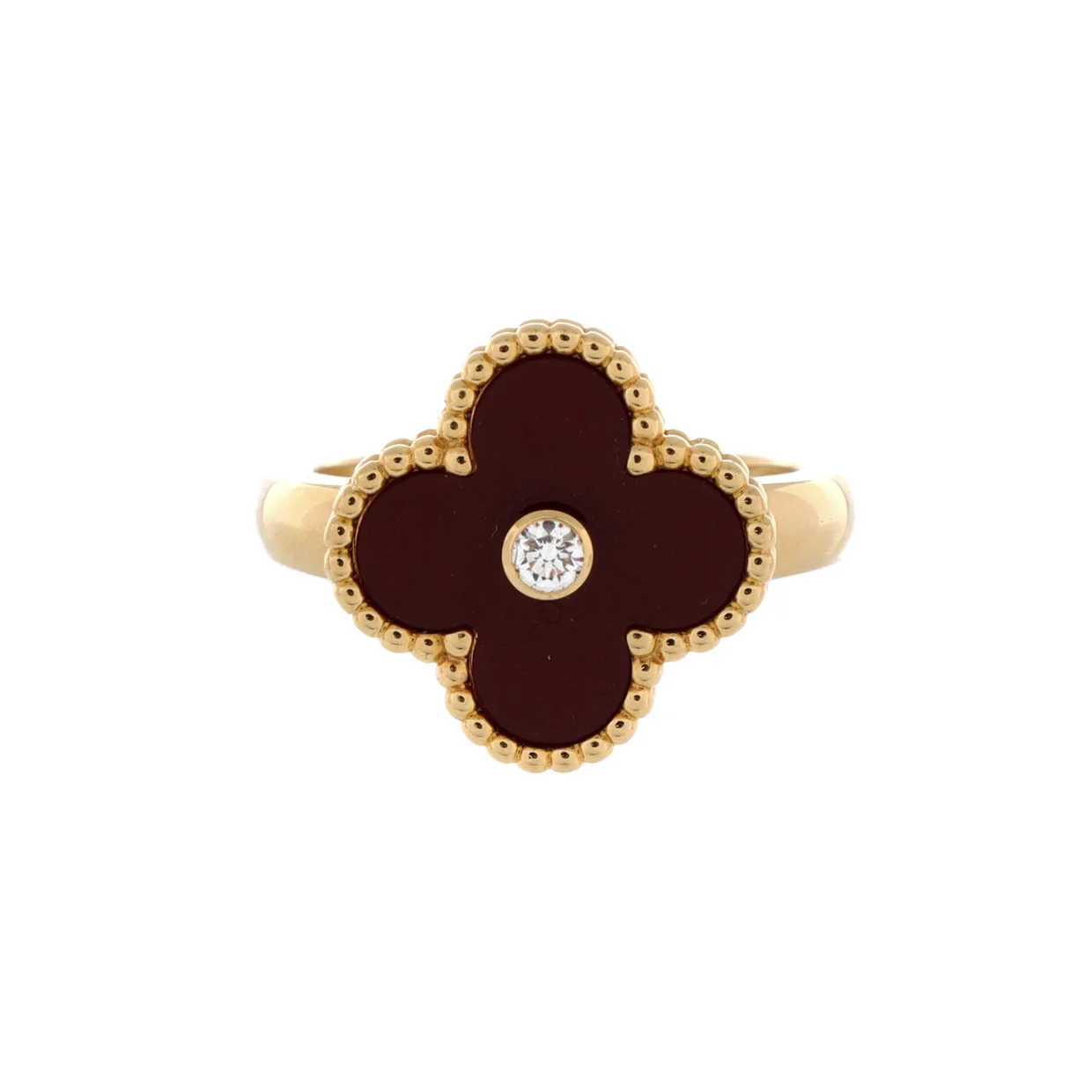 Vintage Alhambra Ring 18K Yellow Gold with Carnelian and Diamond - Deep Luxury