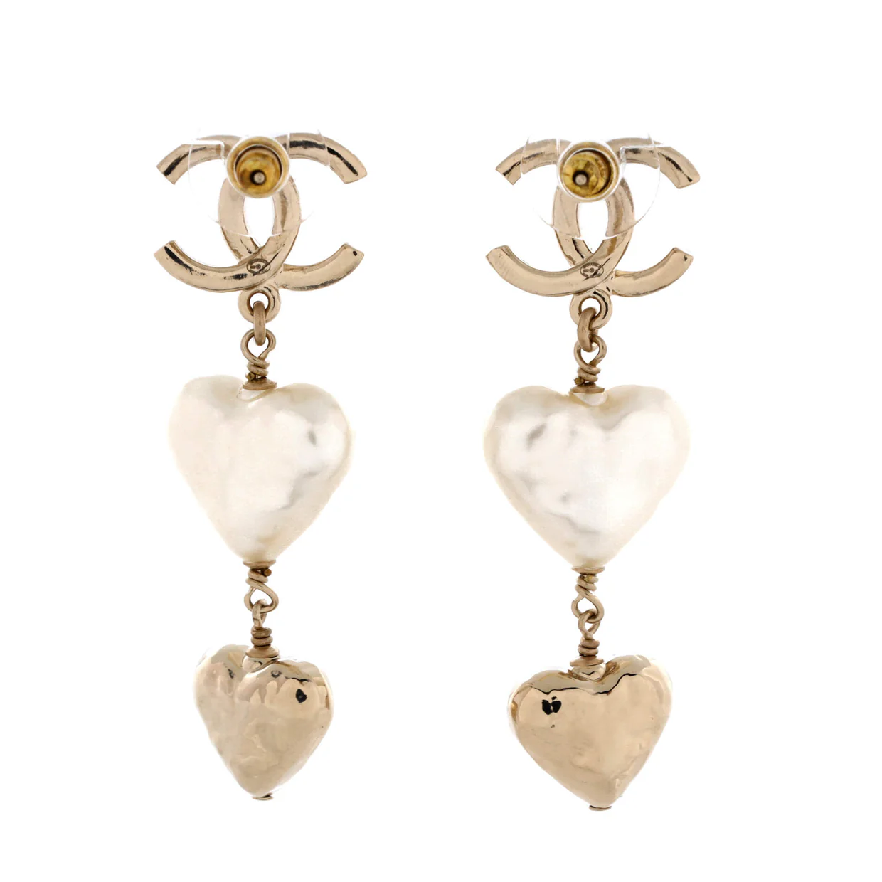 CC Pearl Double Heart Drop Earrings Metal with Resin - Deep Luxury