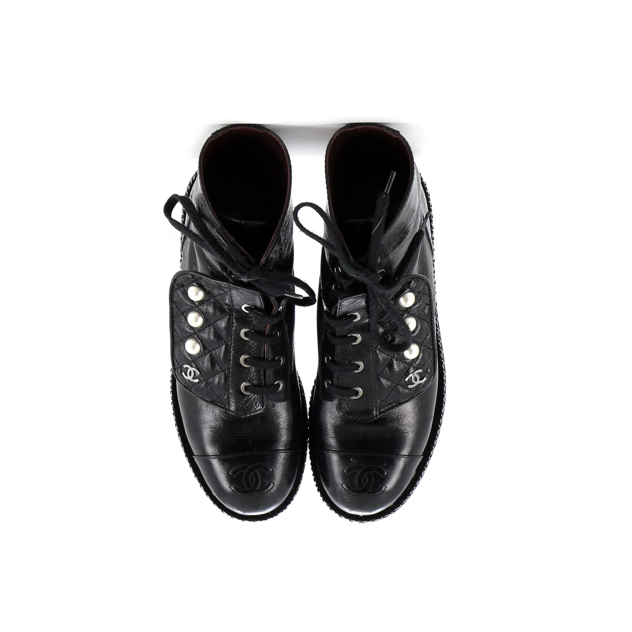 Women's Cap Toe CC Chain Around Pearl Combat Boots Leather - Deep Luxury