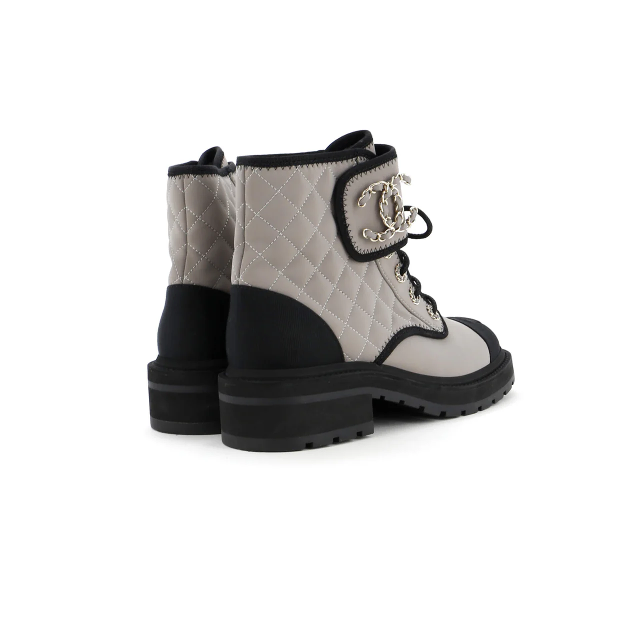 Women's Chain CC Cap Toe Lace Up Combat Boots Quilted Fabric and Grosgrain - Deep Luxury
