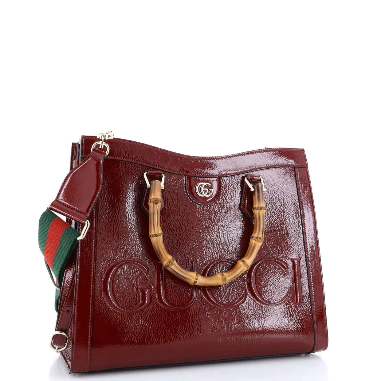 Diana NM Logo Bamboo Handle Tote Embossed Patent Medium - Deep Luxury