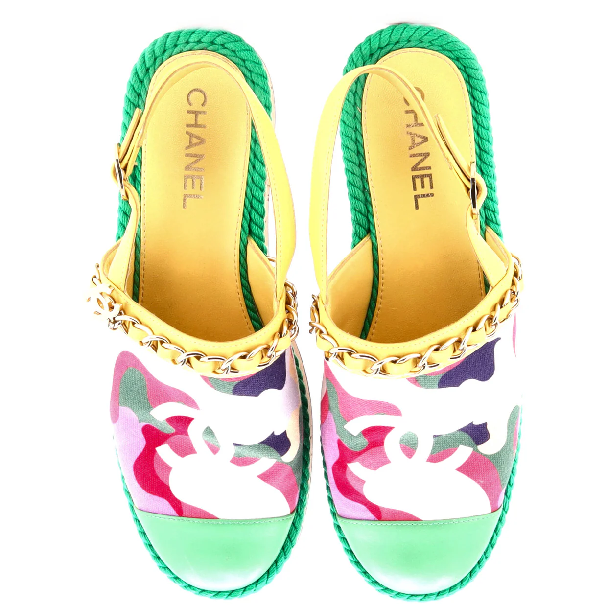 Women's Cap Toe CC Chain Slingback Mules Printed Cotton and Leather with Cork - Deep Luxury