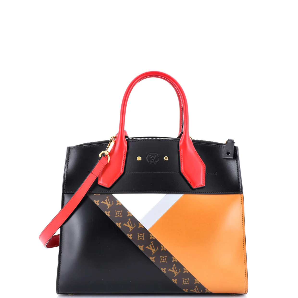 City Steamer Handbag Leather with Monogram Canvas MM - Deep Luxury