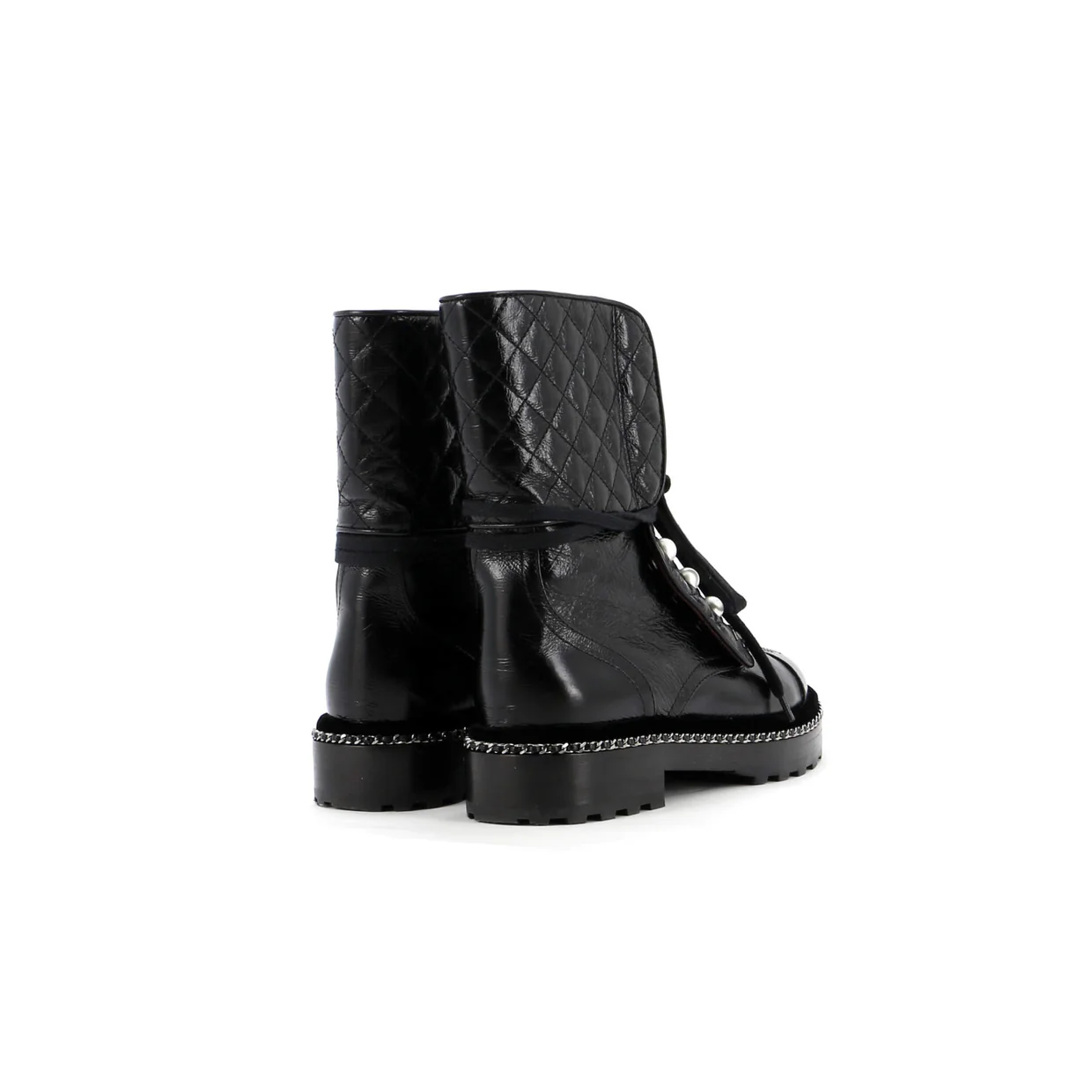 Women's Cap Toe CC Chain Around Pearl Combat Boots Leather - Deep Luxury