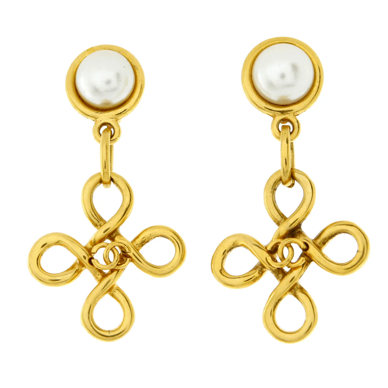 Vintage CC Cross Dangle Clip-on Earrings Metal with Faux Pearl - Deep Luxury