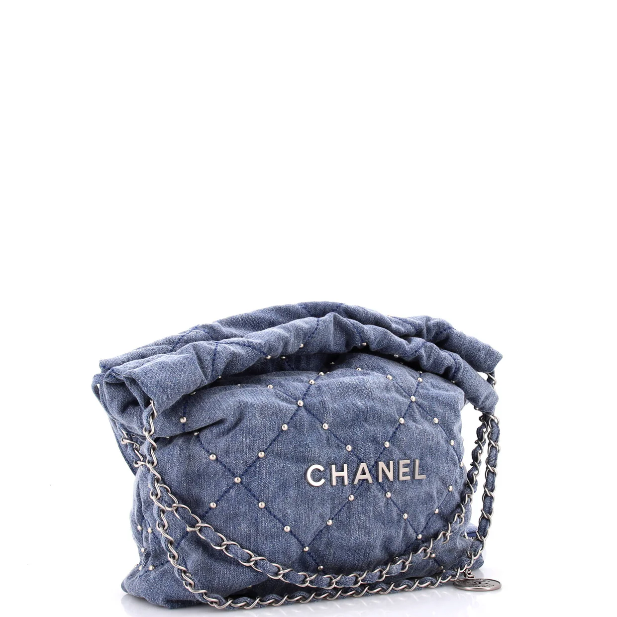 22 Chain Hobo Quilted Studded Denim Small - Deep Luxury