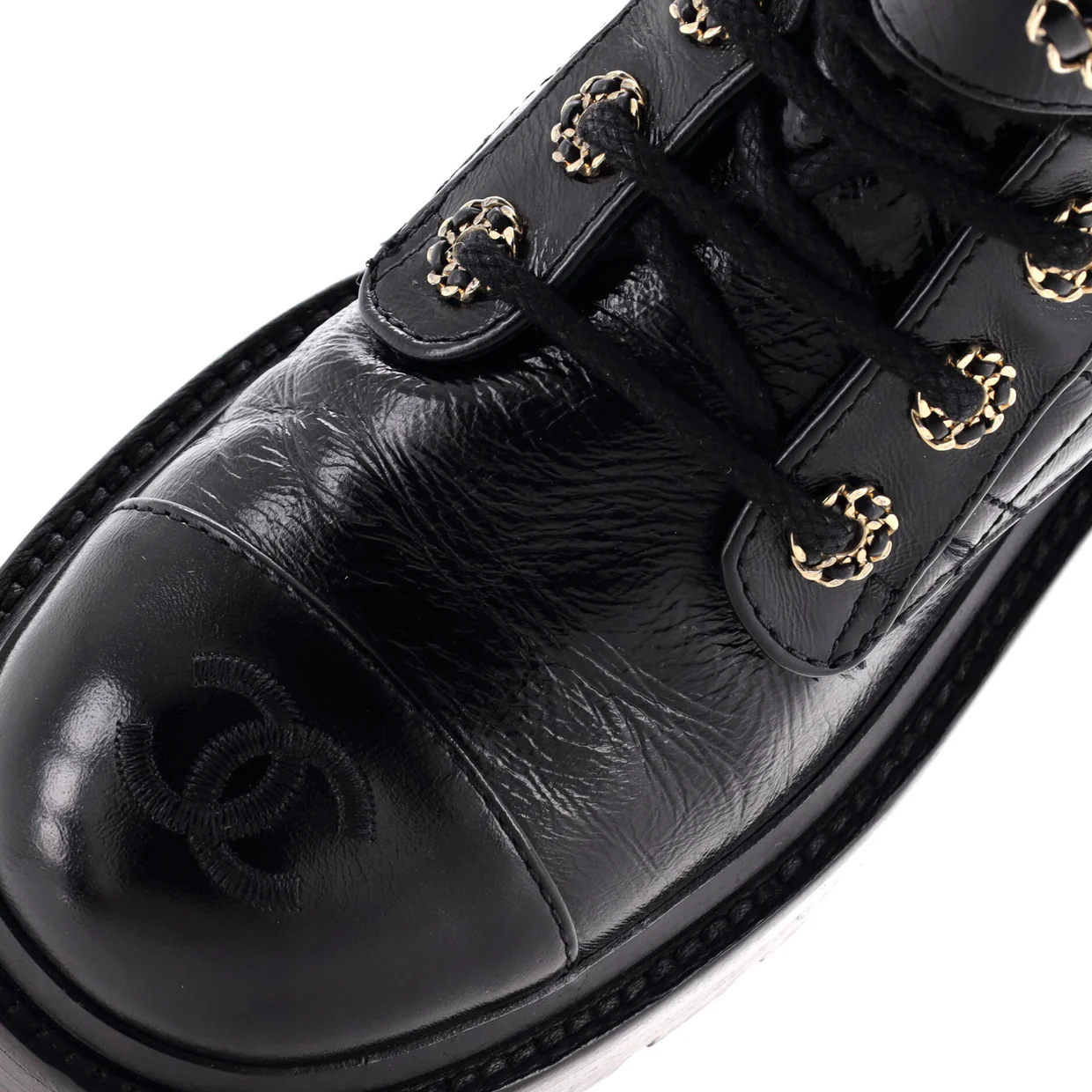 Women's Chain CC Cap Toe Lace Up Combat Boots Quilted Shiny Calfskin - Deep Luxury