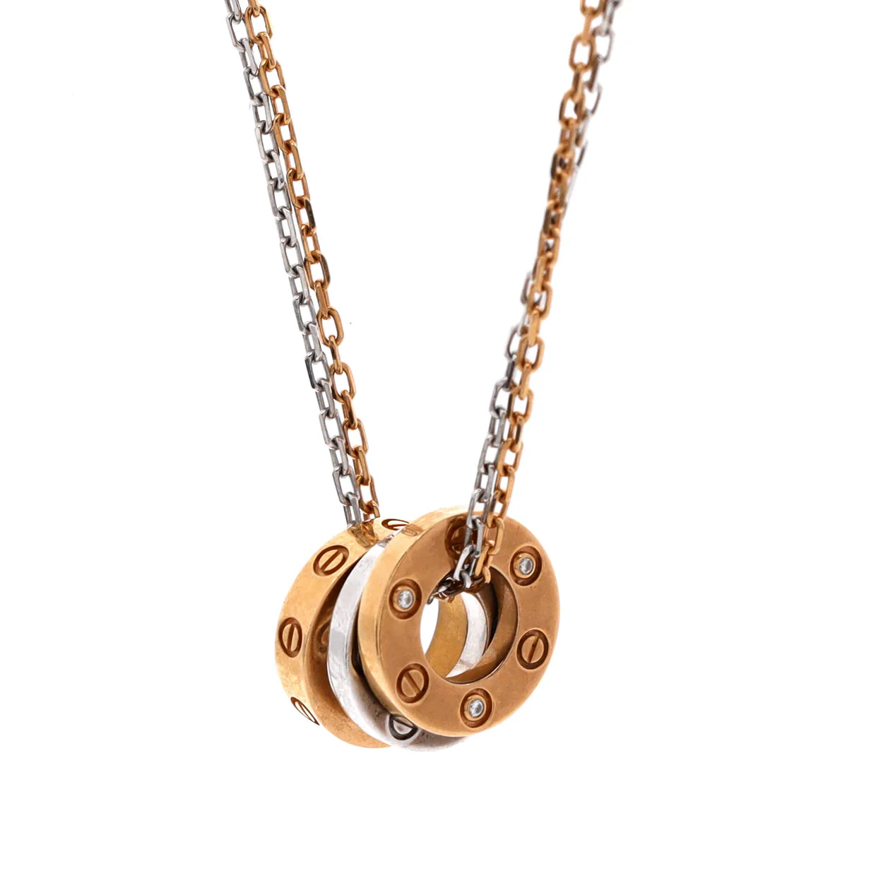 Love 3 Ring Pendant Necklace 18K Rose Gold and 18K White Gold with 6 Diamonds - Deep Luxury