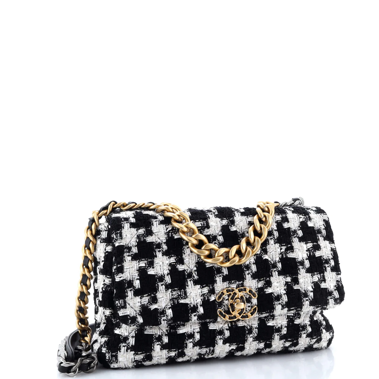 19 Flap Bag Quilted Houndstooth Tweed and Ribbon Large - Deep Luxury