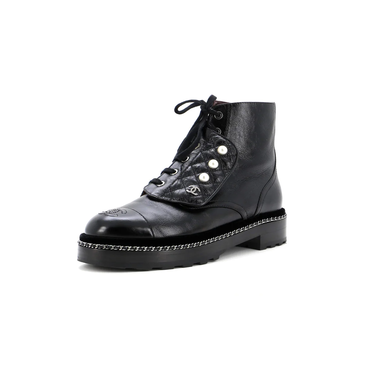 Women's Cap Toe CC Chain Around Pearl Combat Boots Leather - Deep Luxury