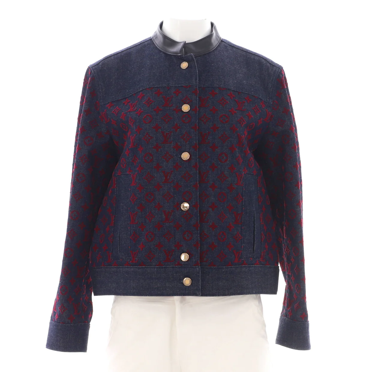 Women's Flocked Button Up Jacket Monogram Denim and Leather - Deep Luxury