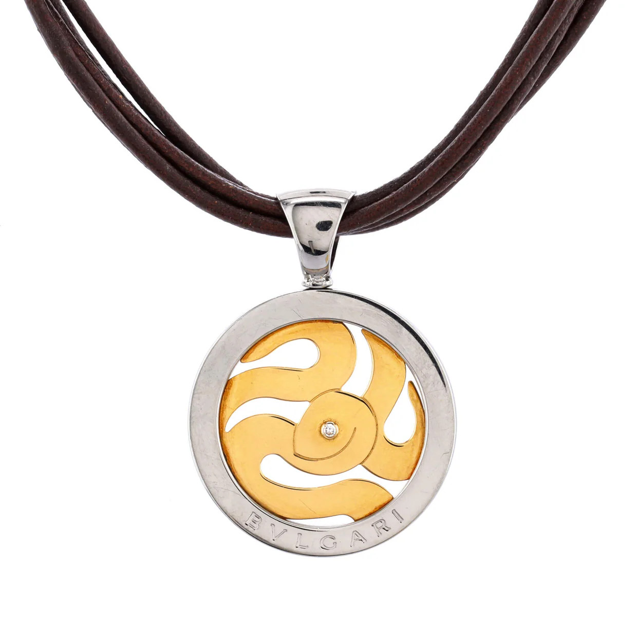 Tondo Snake Pendant Necklace Leather with Stainless Steel and 18K Yellow Gold with Diamond - Deep Luxury
