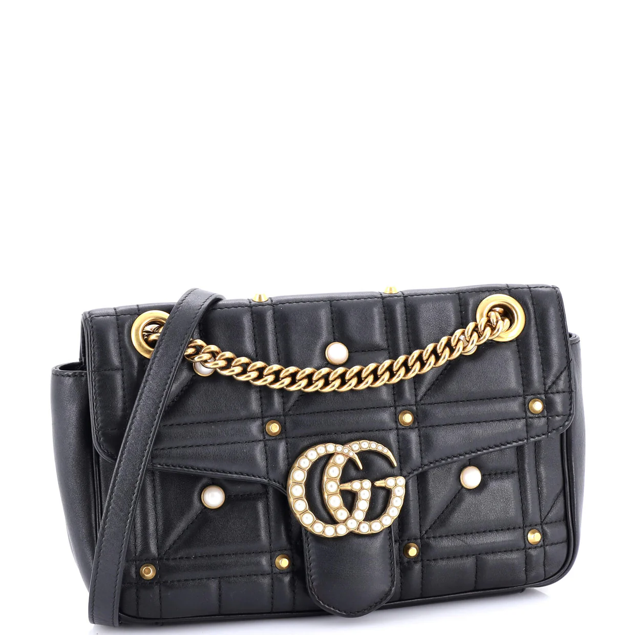 Pearly GG Marmont Flap Bag Embellished Matelasse Leather Small - Deep Luxury