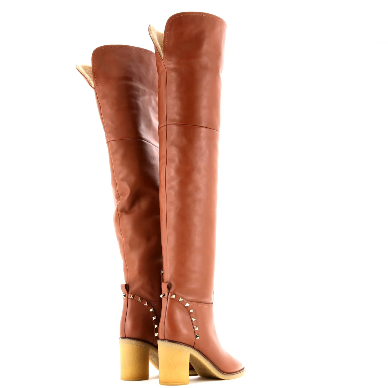 Women's Rockstud Over the Knee Block Heel Boots Leather with Shearling - Deep Luxury