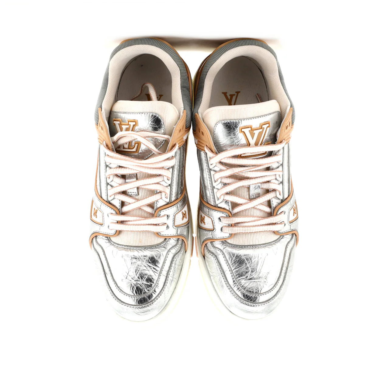 Men's LV Trainer Sneakers Monogram Embossed Metallic Leather - Deep Luxury