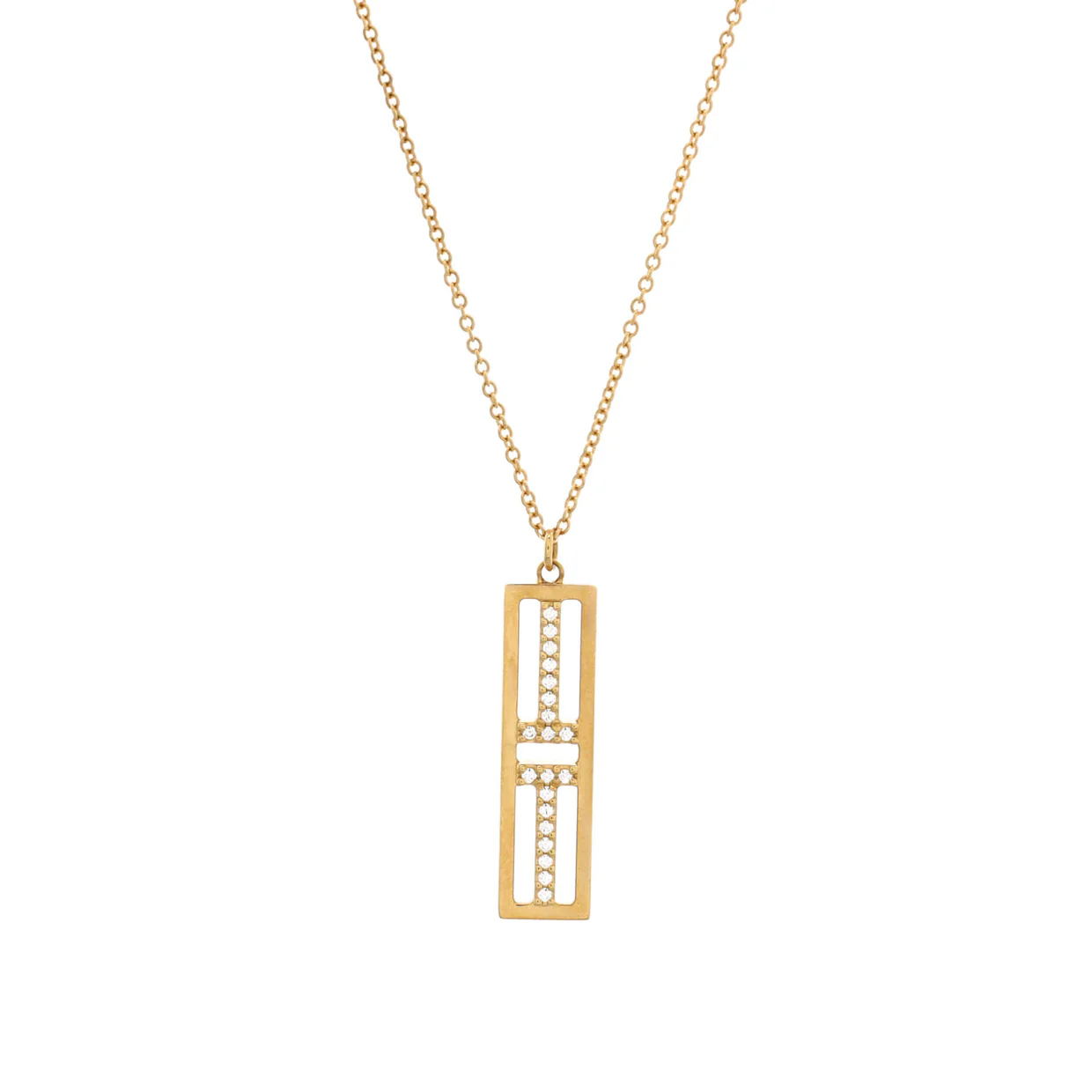 T Open Vertical Diamond Bar Pendant Necklace 18K Yellow Gold with Diamonds - Deep Luxury