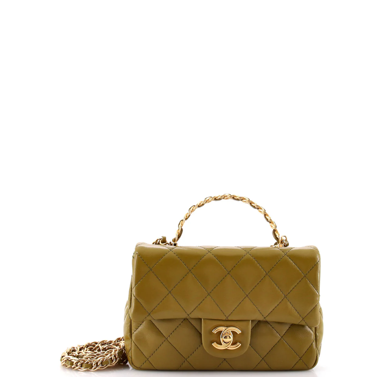 Golden Links Top Handle Flap Bag Quilted Shiny Lambskin Small - Deep Luxury