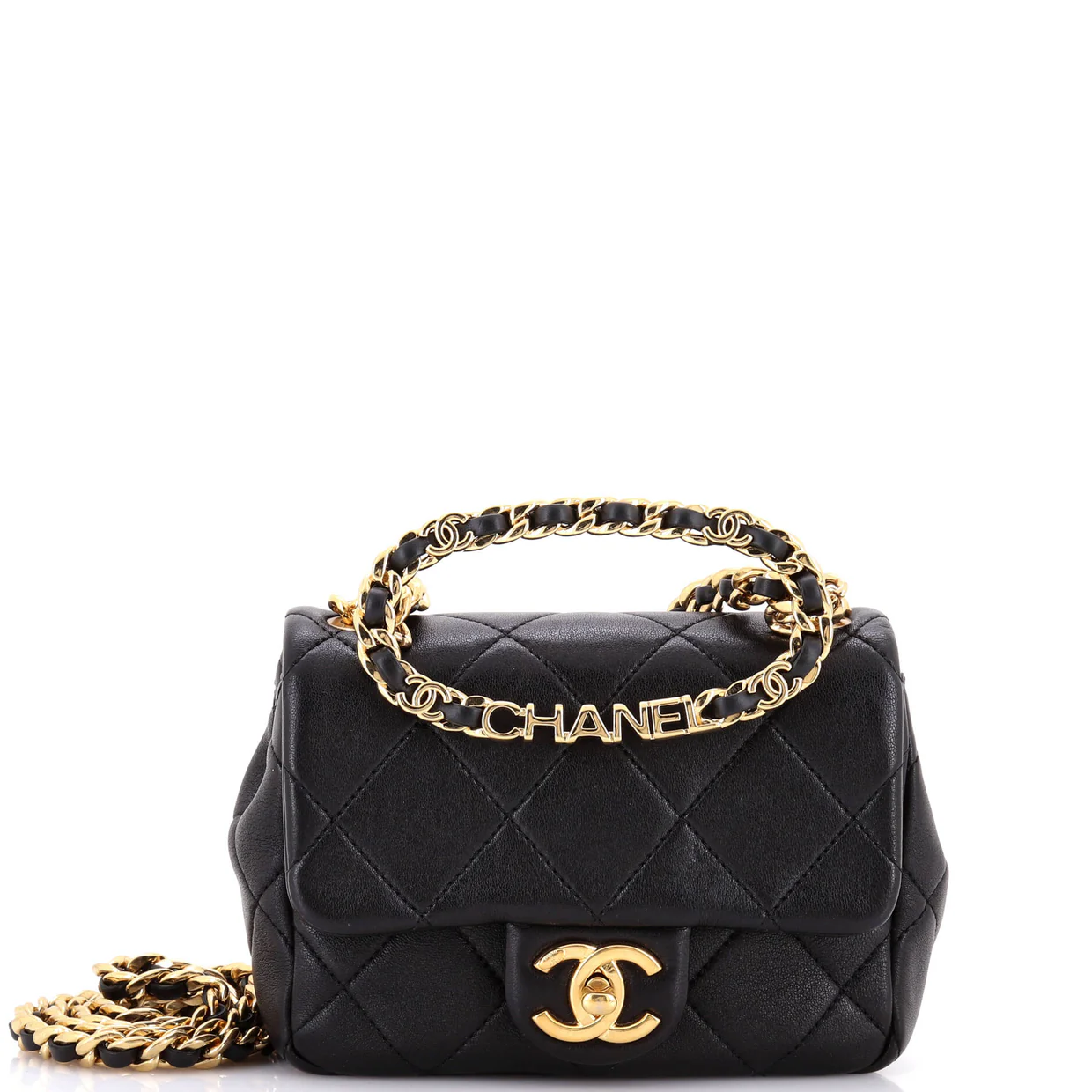 Oval Logo Chain Handle Flap Bag Quilted Lambskin Mini - Deep Luxury