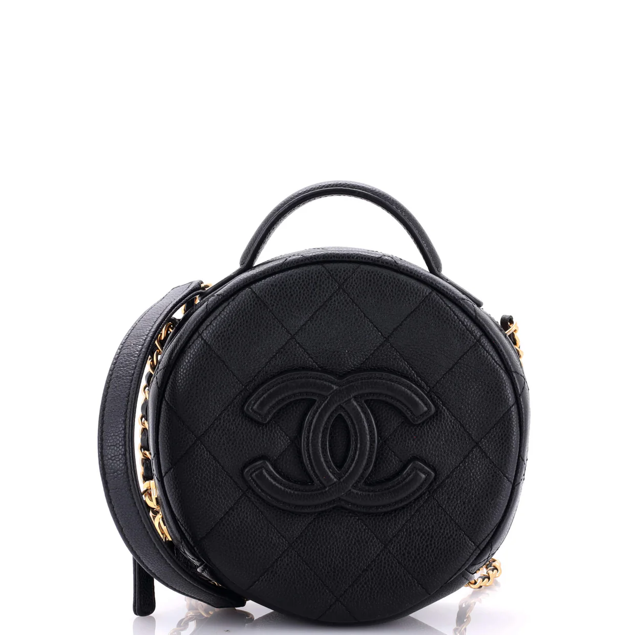 Round Vanity With Chain Quilted Caviar Small - Deep Luxury