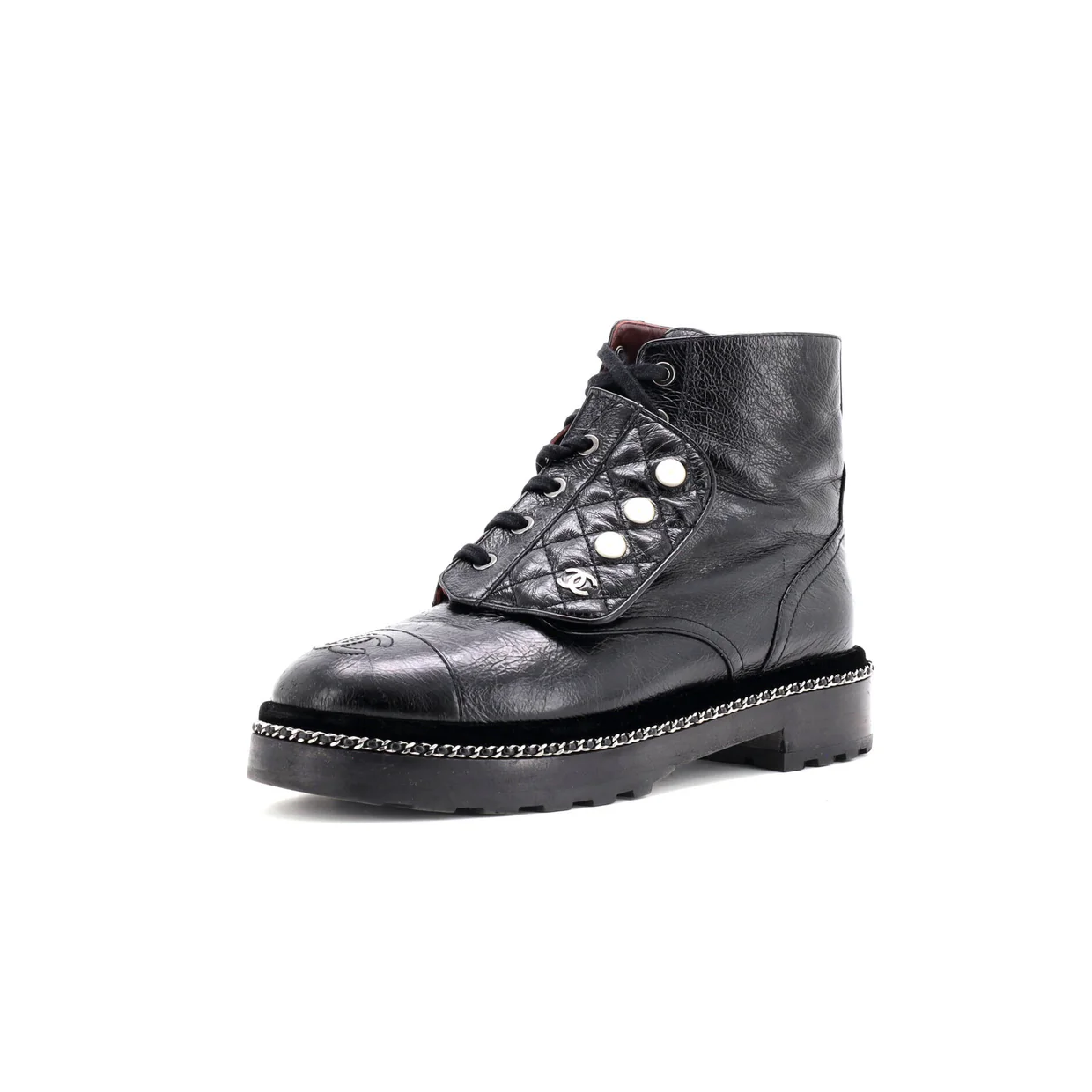 Women's Cap Toe CC Chain Around Pearl Combat Boots Leather - Deep Luxury