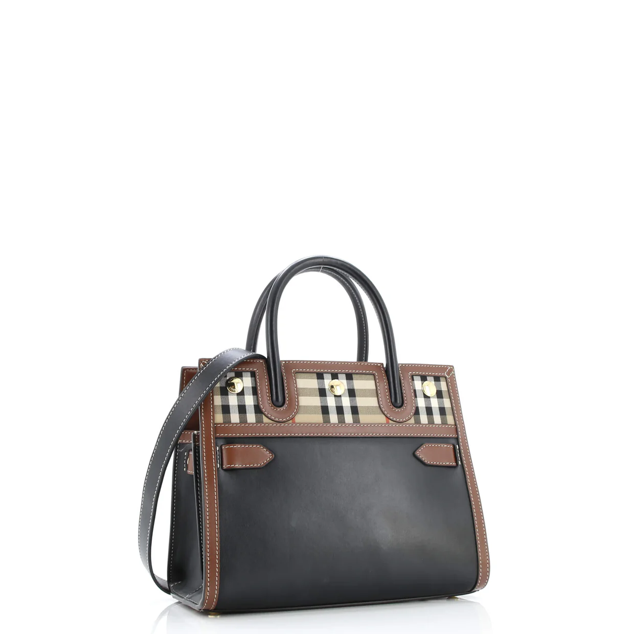 Title Two Handle Tote Leather with Vintage Check Canvas Mini - Deep Luxury