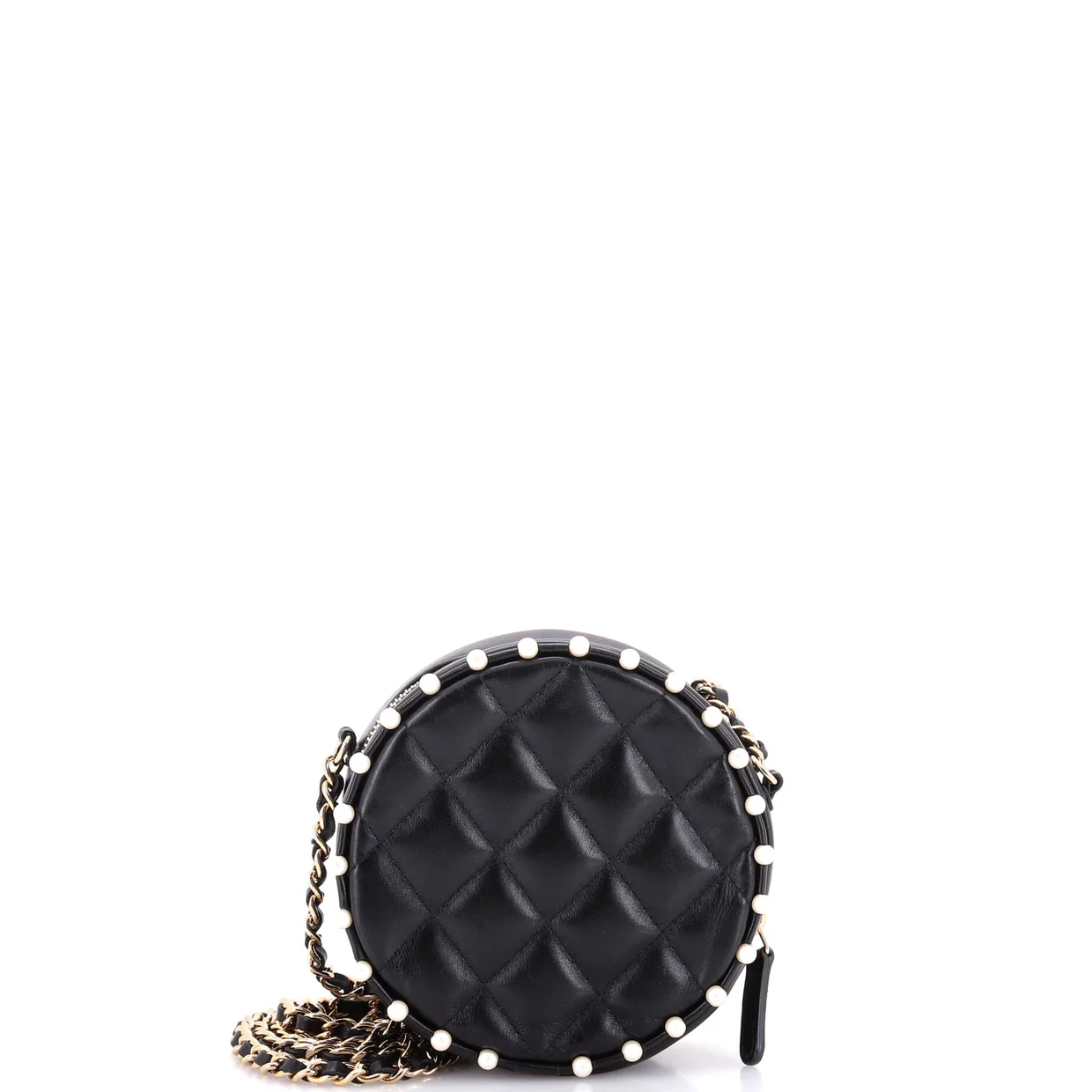 Round Clutch with Chain Quilted Calfskin with Pearl Detail - Deep Luxury