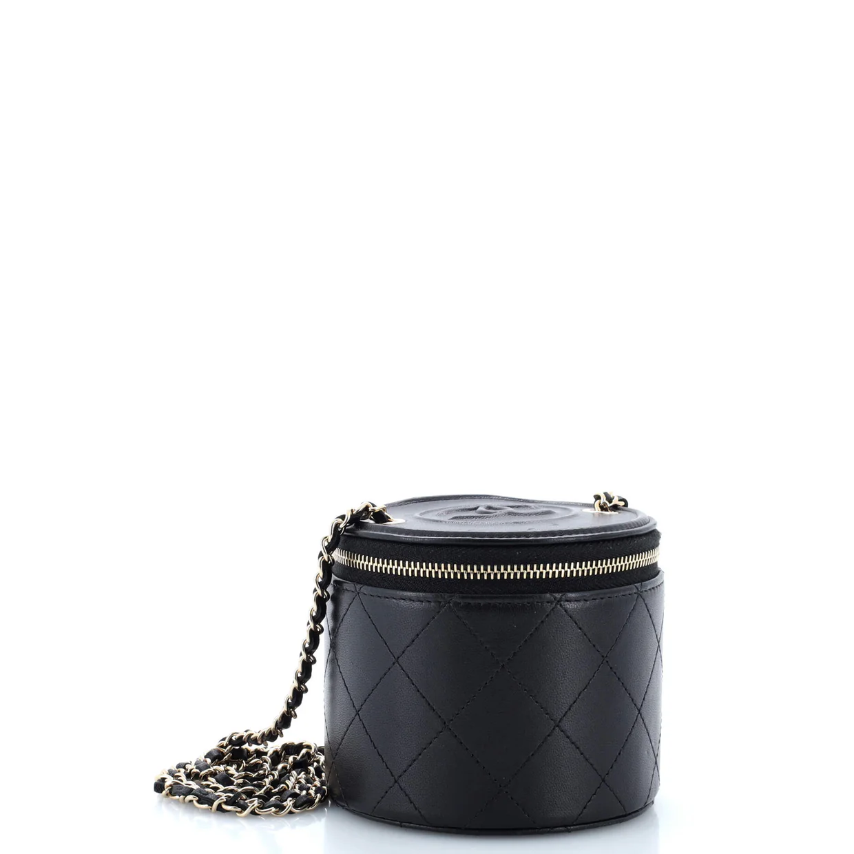 CC Round Vanity Case with Chain Quilted Lambskin Mini - Deep Luxury