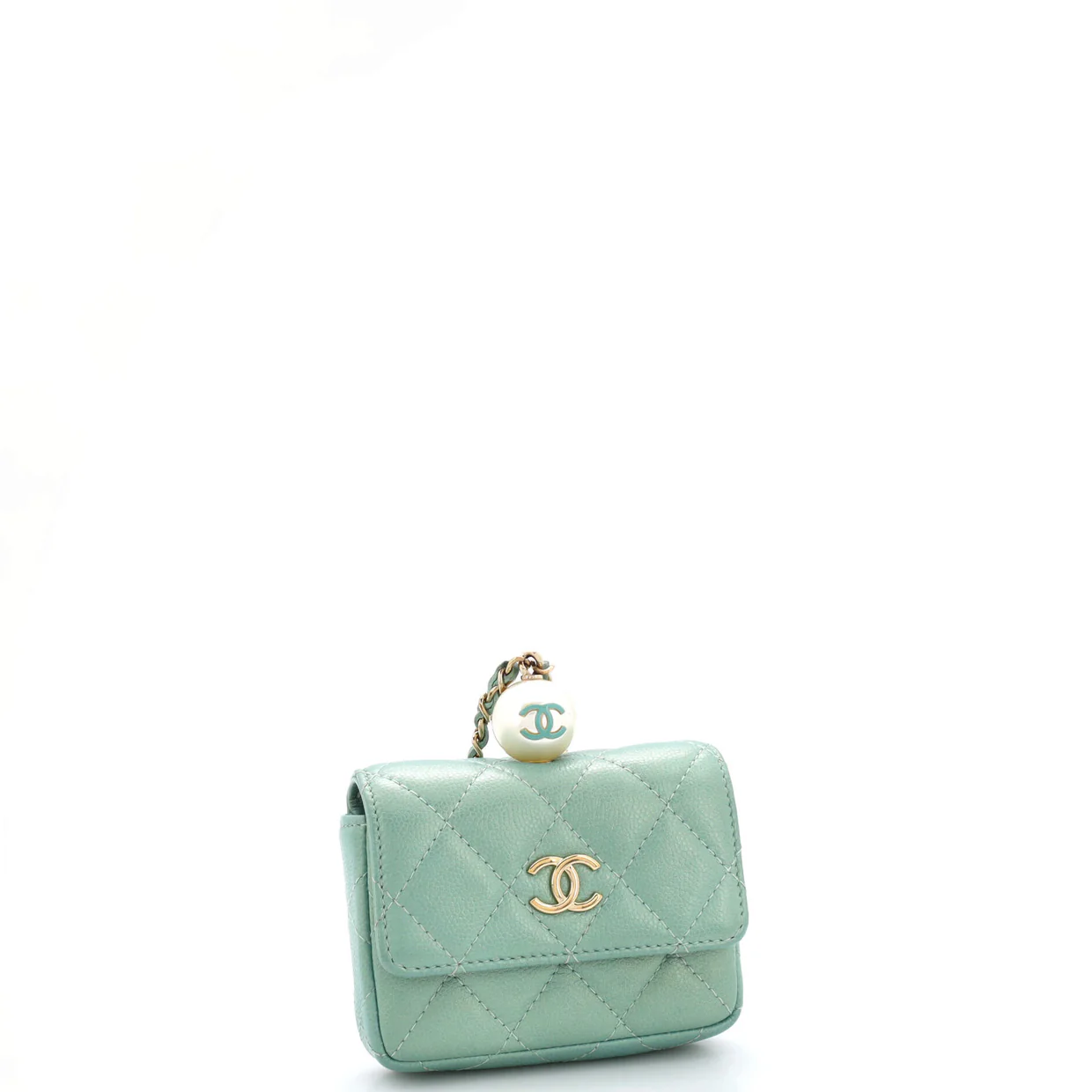 CC Pearl Coin Card Holder with Chain Quilted Iridescent Caviar - Deep Luxury