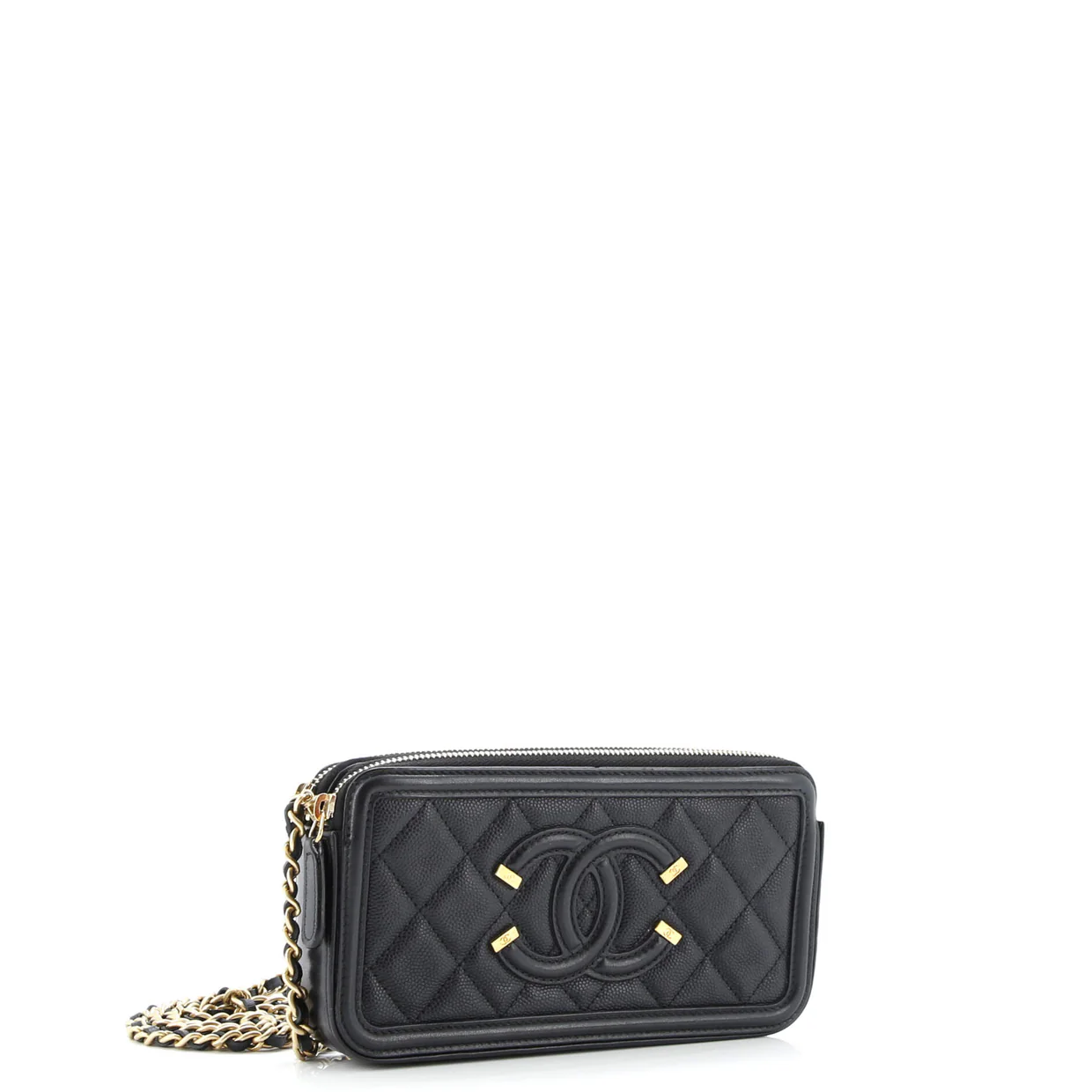 Filigree Double Zip Clutch with Chain Quilted Caviar - Deep Luxury