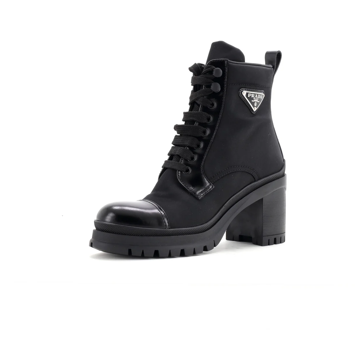 Women's Triangle Logo Heeled Ankle Boots Nylon and Leather - Deep Luxury