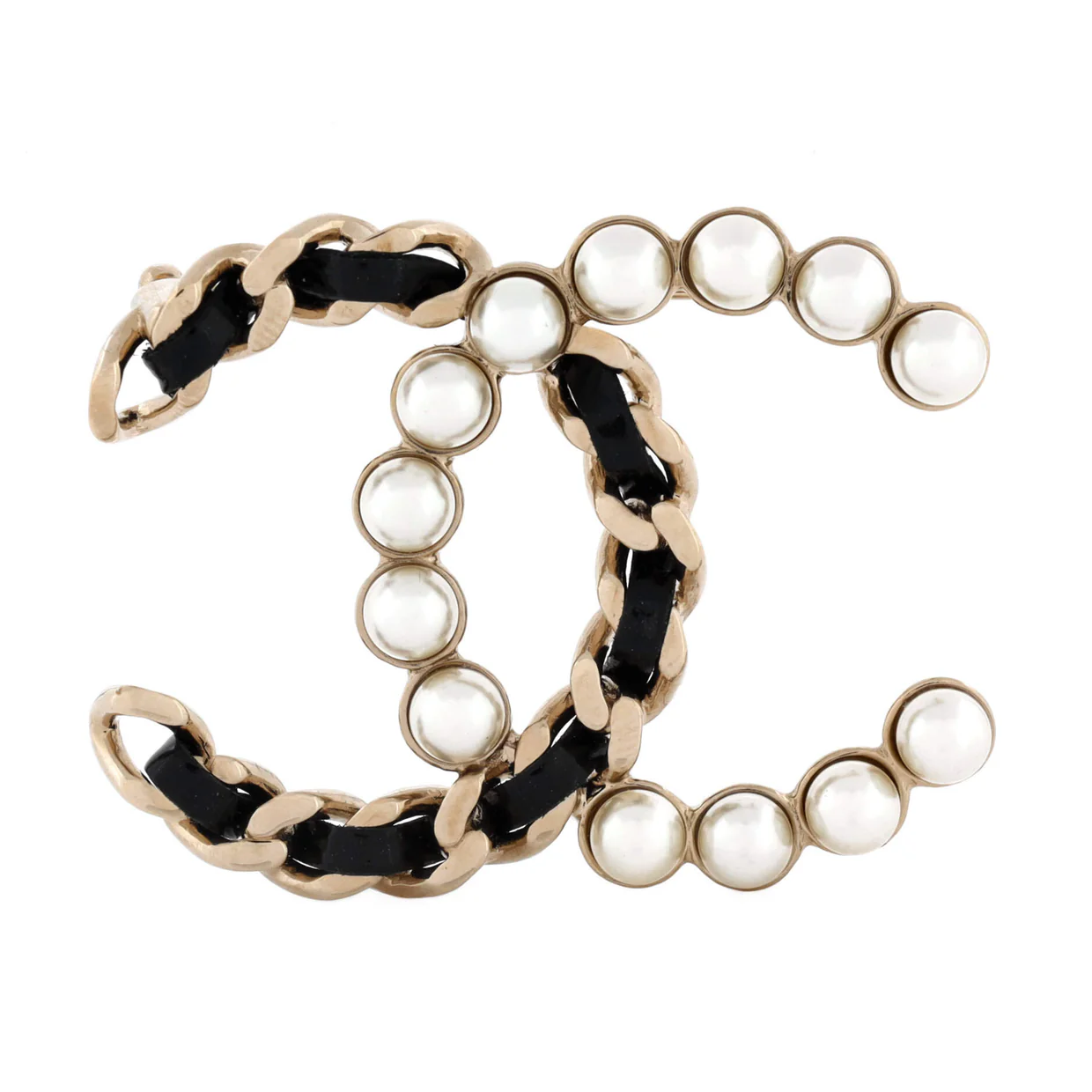 CC Chain Brooch Metal and Leather with Faux Pearls - Deep Luxury