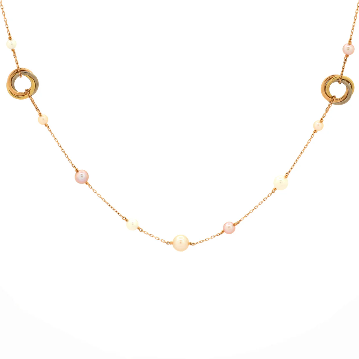 Trinity Station Long Necklace 18K Tricolor Gold with Pearls - Deep Luxury