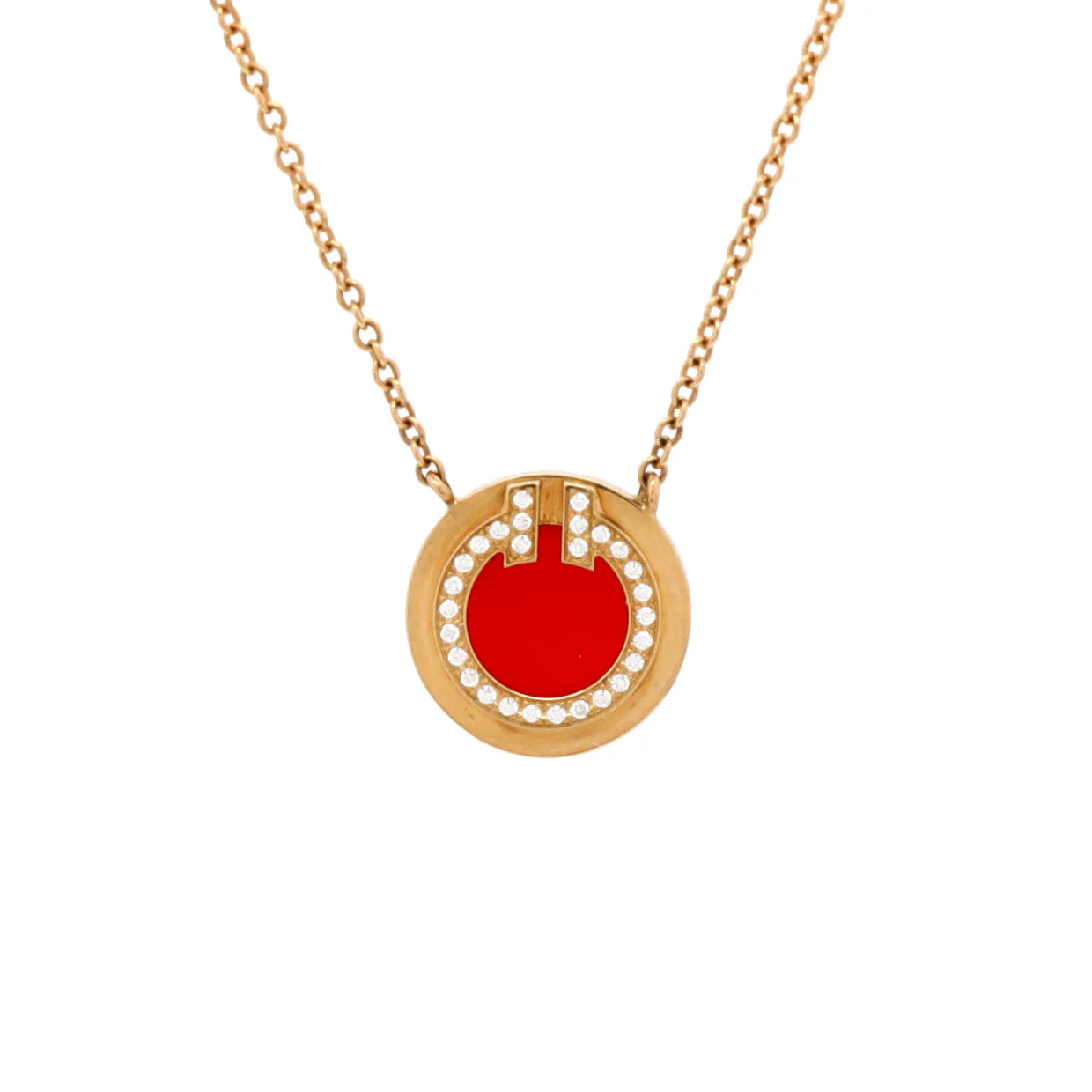 T Circle Pendant Necklace 18K Yellow Gold with Carnelian and Diamonds Small - Deep Luxury