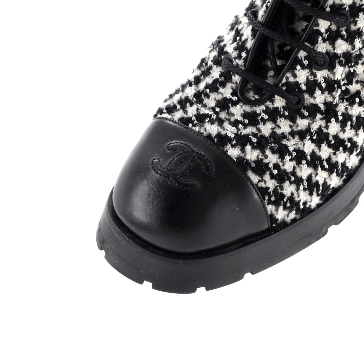 Women's Chain CC Cap Toe Lace Up Combat Boots Tweed and Leather - Deep Luxury