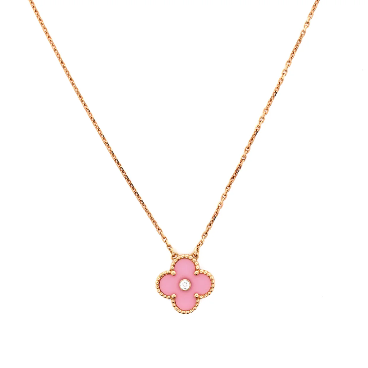 Vintage Alhambra Pendant Necklace 18K Rose Gold and Pink Sevres Porcelain with Diamond - Deep Luxury