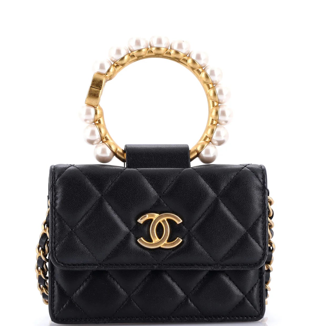 Pearl Crown Clutch with Chain Quilted Lambskin - Deep Luxury